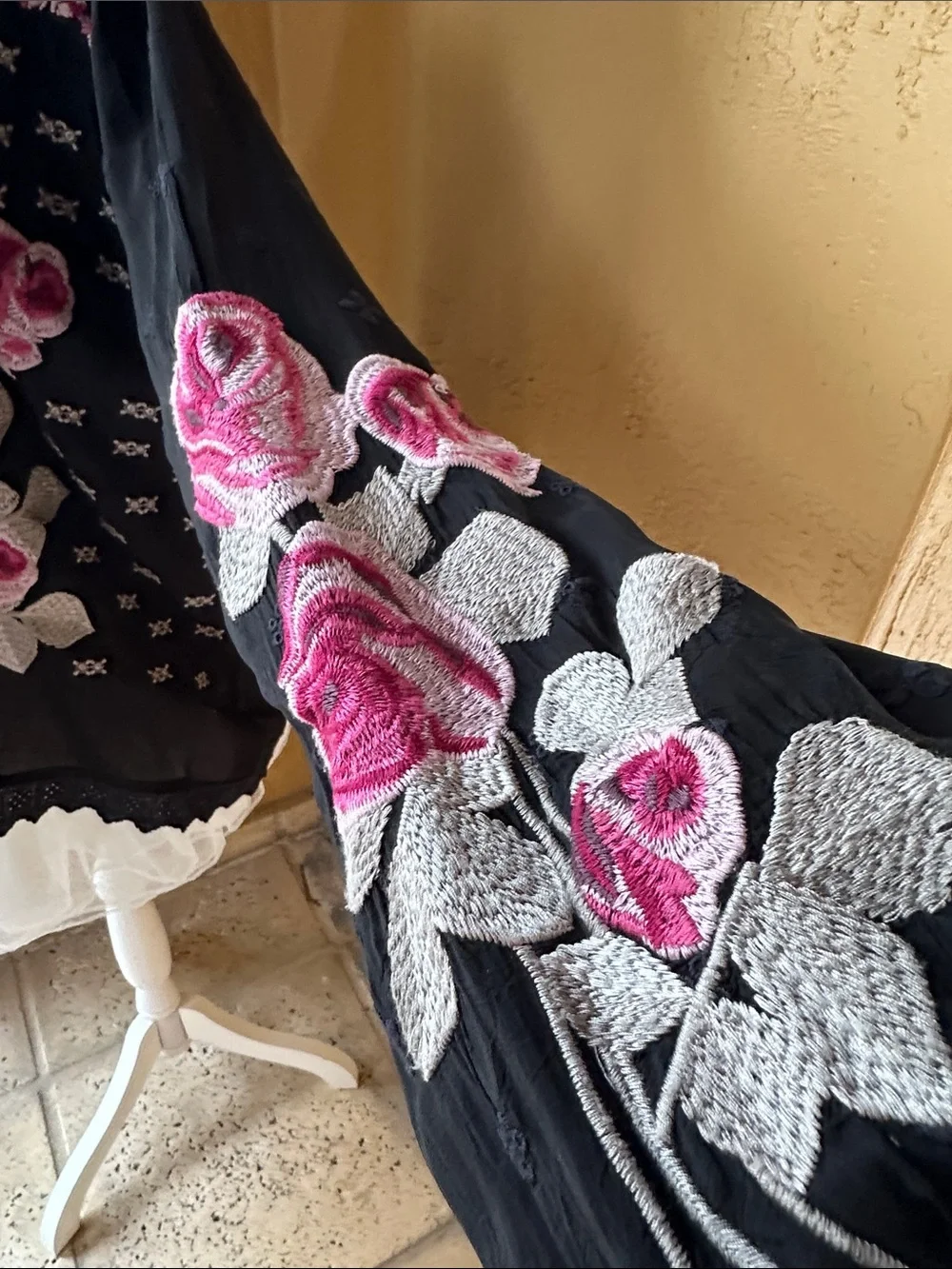 Johnny Was Black Blouse with Pink Rose Embroidery - Picture 5 of 9